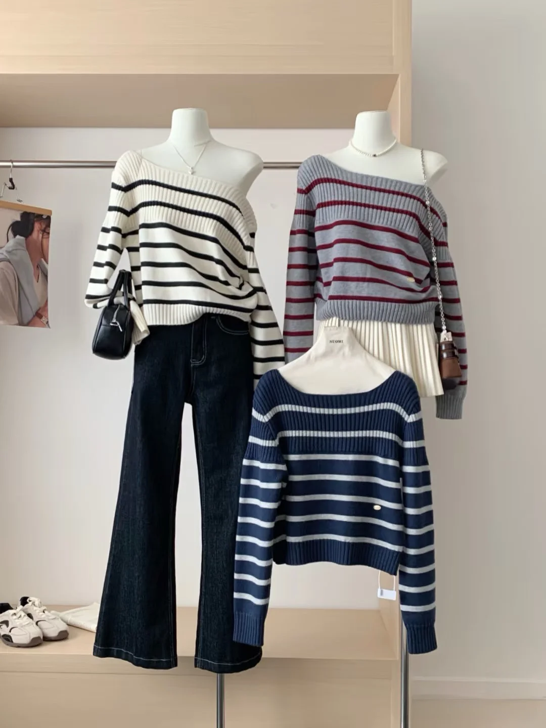 

Korean Sle Striped Knitwear oulder Bared Skin Friendly Women's Loose Fit Long Sve Casual Top for Autumn Spring