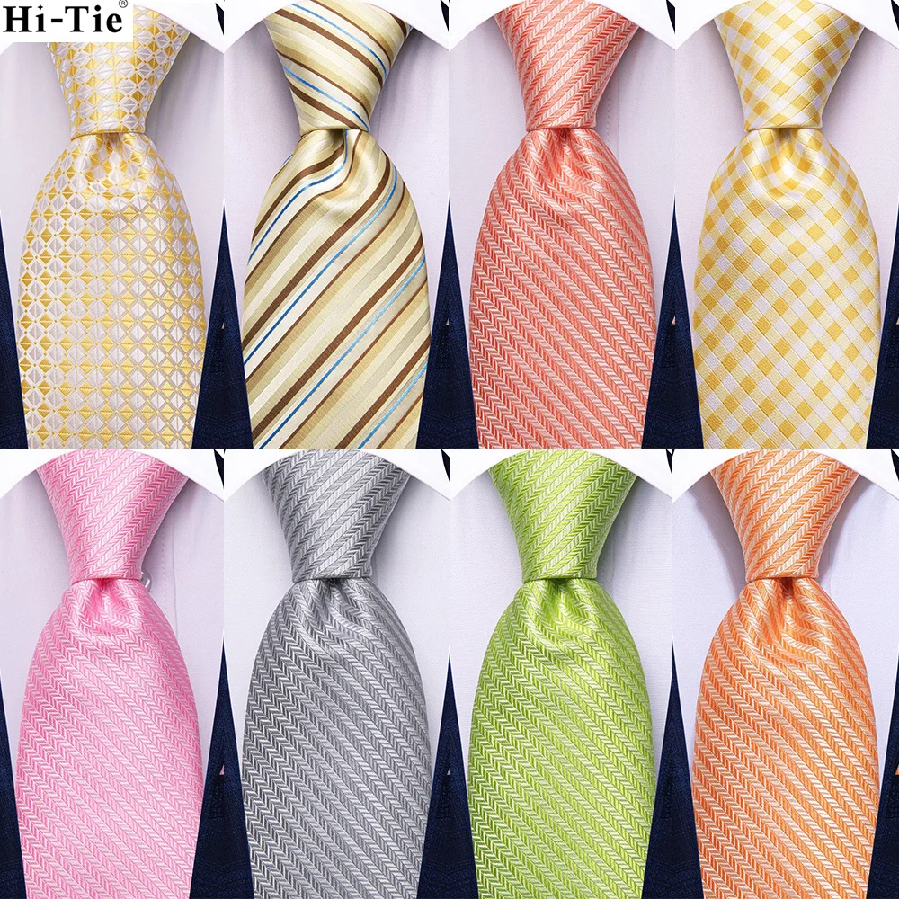 New Designer Yellow White Plaid Ties For Men Wedding Party Necktie Luxury Hanky Cufflinks Silk Tie Set Gift For Men Hi-Tie