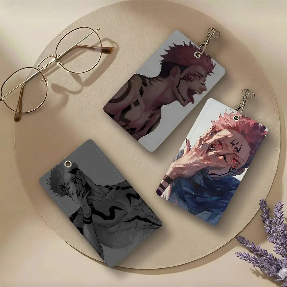 Anime Sukuna PU Leather Card Holders Anti-lost Student ID Protective Cover Cases Campus Access Cards Key Chain