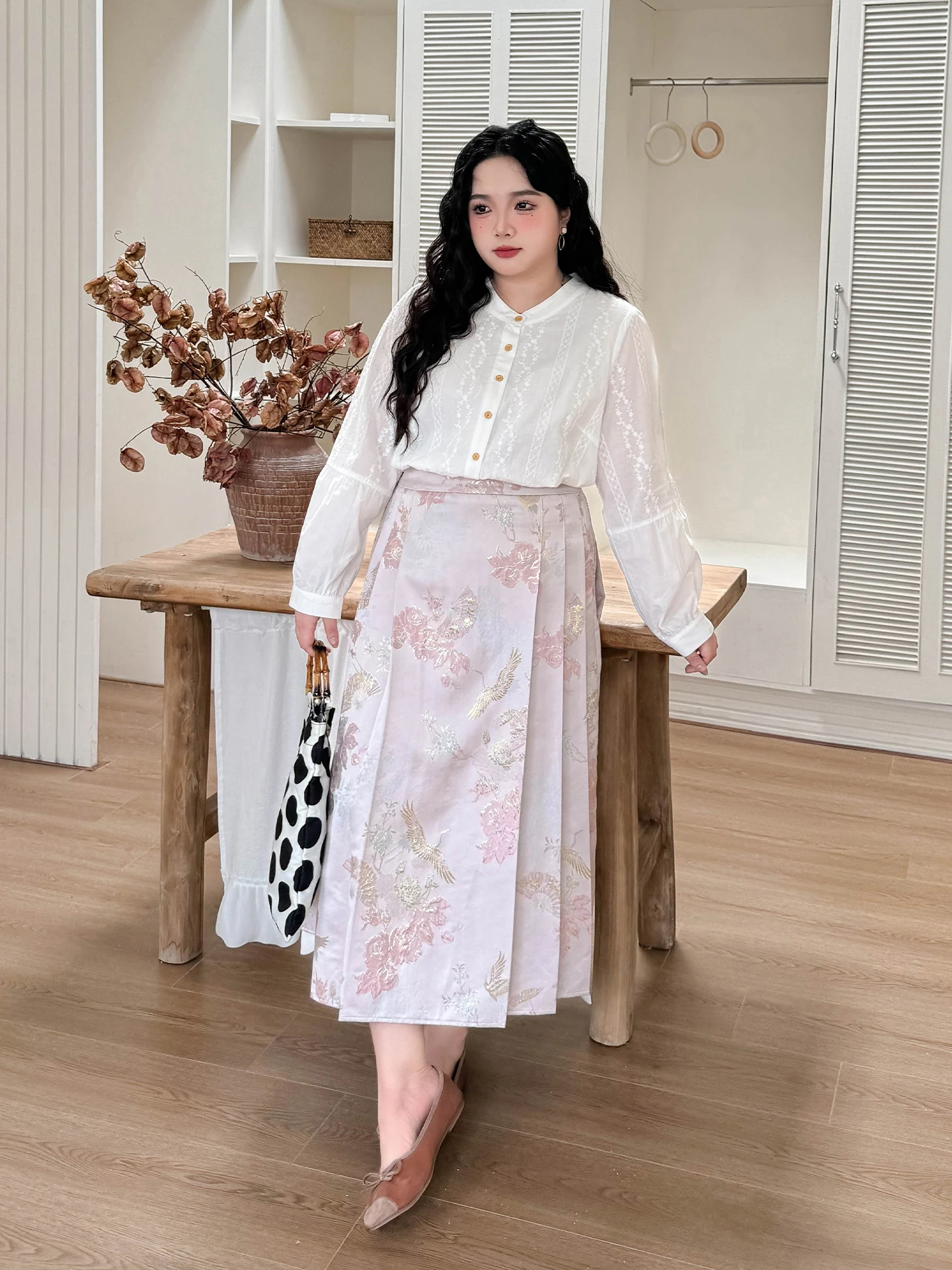 New Chinese Style Embroidered Feather Gold Weave Half Skirt High Waist A-Line Midi Skirt for plus Size Women Commute Wear