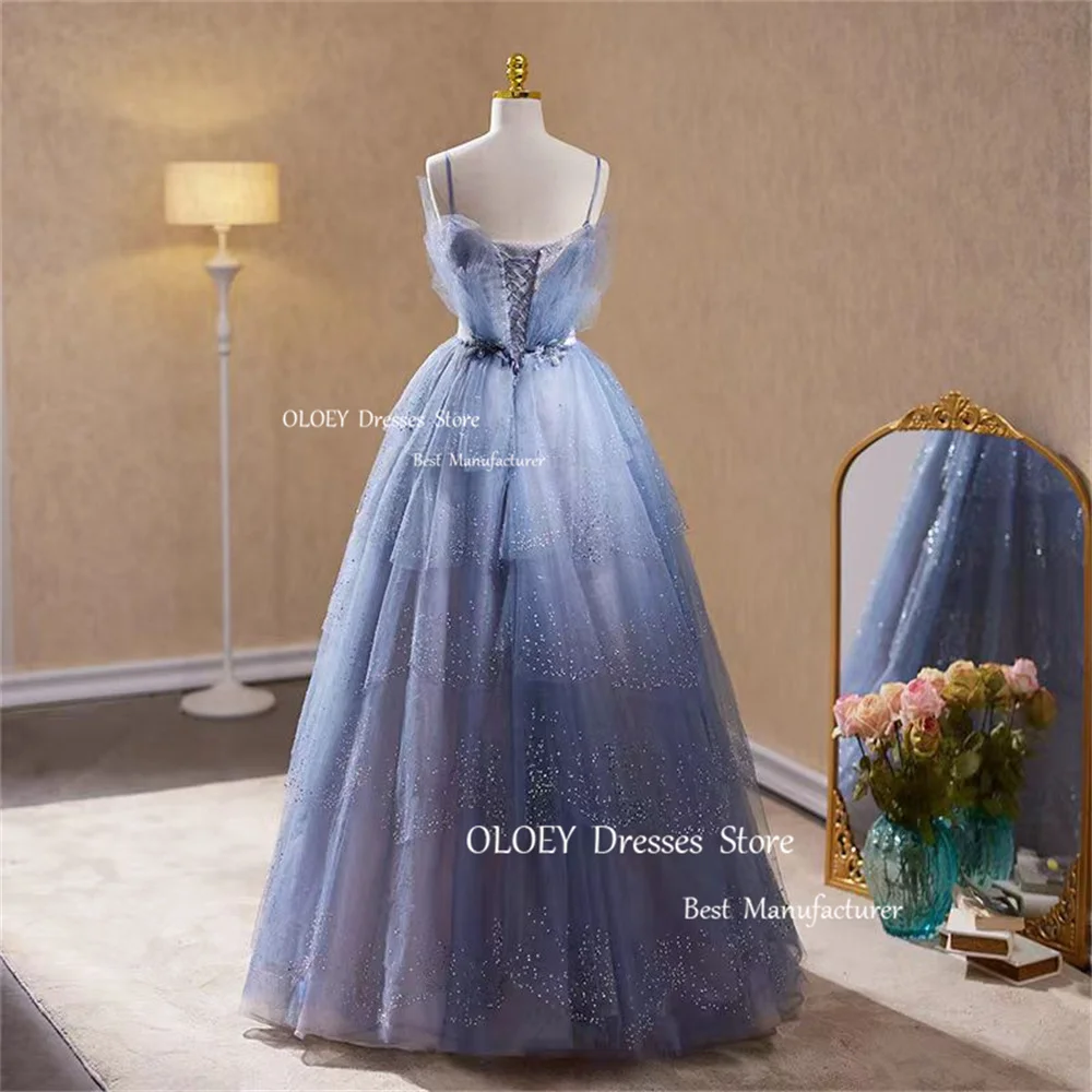 OLOEY Shiny Blue Evening Dress A Line Floor Length Beading Crystal Party Dress Spaghetti Straps Sweetheart Sleeveless Formal