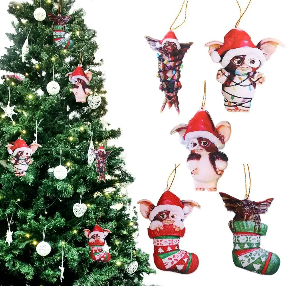 Cute 2D Gremlins Santa Hat Acrylic Socks Dog Gremlins Gizmo Flying Dragon Hanging Chrismtas Tree Pendants Holiday