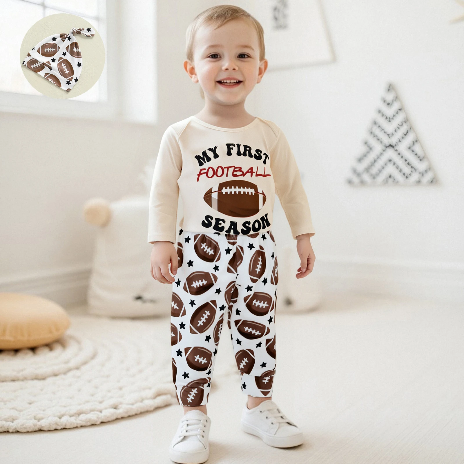 

Infant Toddler Clothes Baby Boy Fall Football Outfit Letter Rugby Print Crew Neck Long Sleeve Romper Pants and Cap 3 Pcs Set