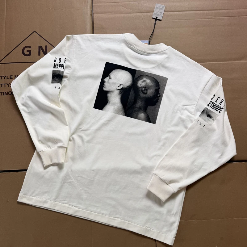 Man Heavyweight Cotton Vintage Portrait SAINT Long Sleeve T-shirts Loose Oversized Fit Figure Print Casual Base Tees