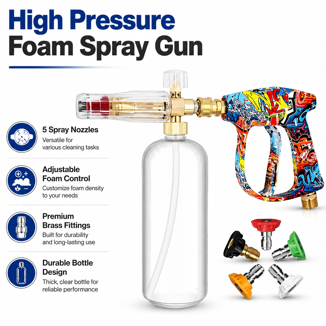 Practical Household Car Wash Kit, Painted High Pressure Spray Gun with Narrow Mouth Foam Pot & 5 Color Multi-Angle Nozzles