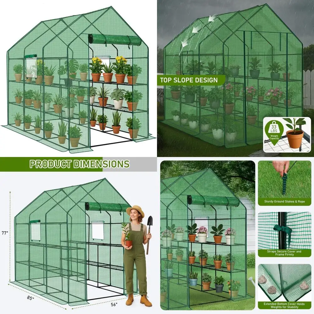 

Durable Outdoor PE Walk-in Greenhouse with 3-Tier Frost Protection and 12 Shelves for Plant Care