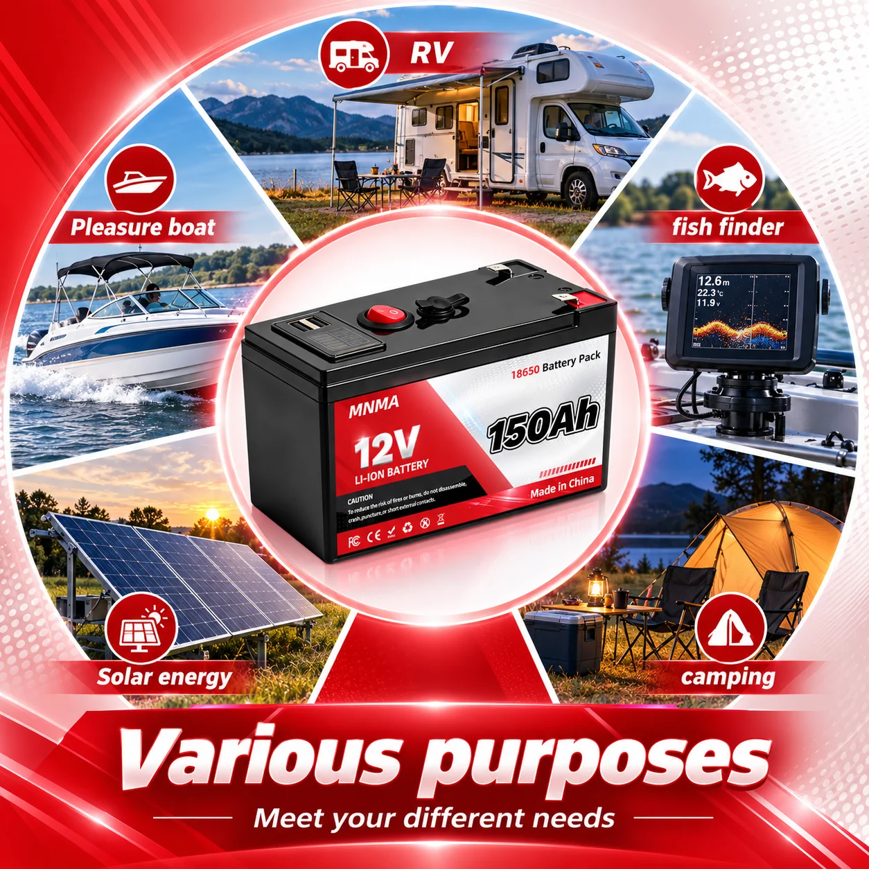 12V 150Ah lithium battery LiFePO4 deep cycle battery, Built-in BMS 8000+cycle battery, for fish detectors, ships, lighting, etc