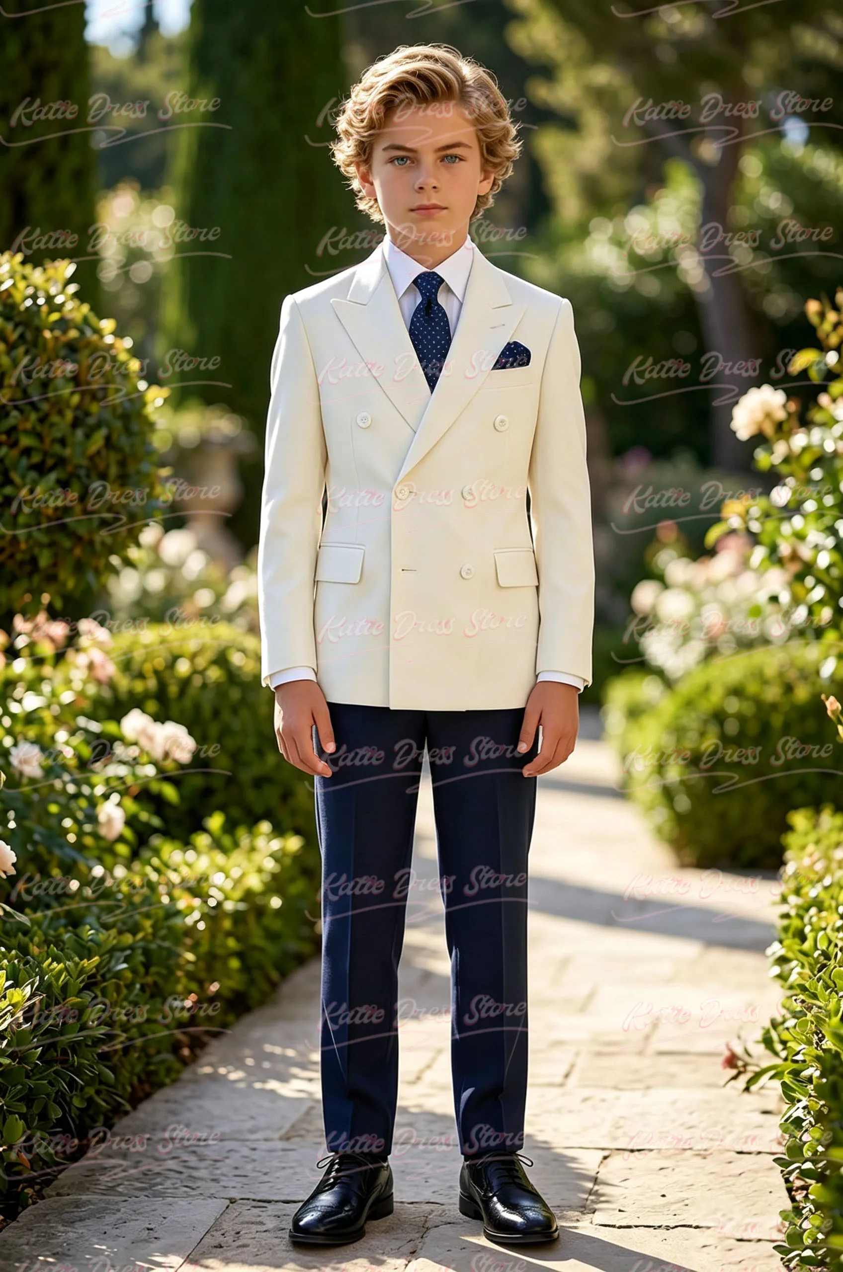 Customized Boys Ivory Double-Breasted Blazer Navy Trousers 2-piece Suit Teen Wedding Performance Prom Formalwear Classic Slim