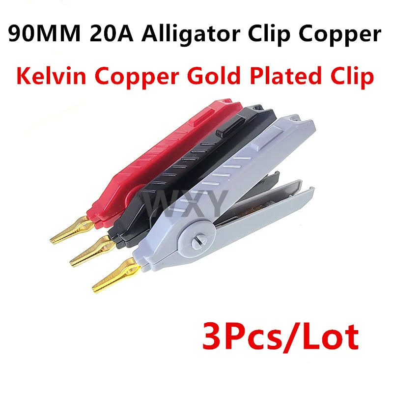 

3pcs 90MM 20A Alligator Clip Copper Alligator Kelvin Copper Gold Plated Clip White+ Black + Red