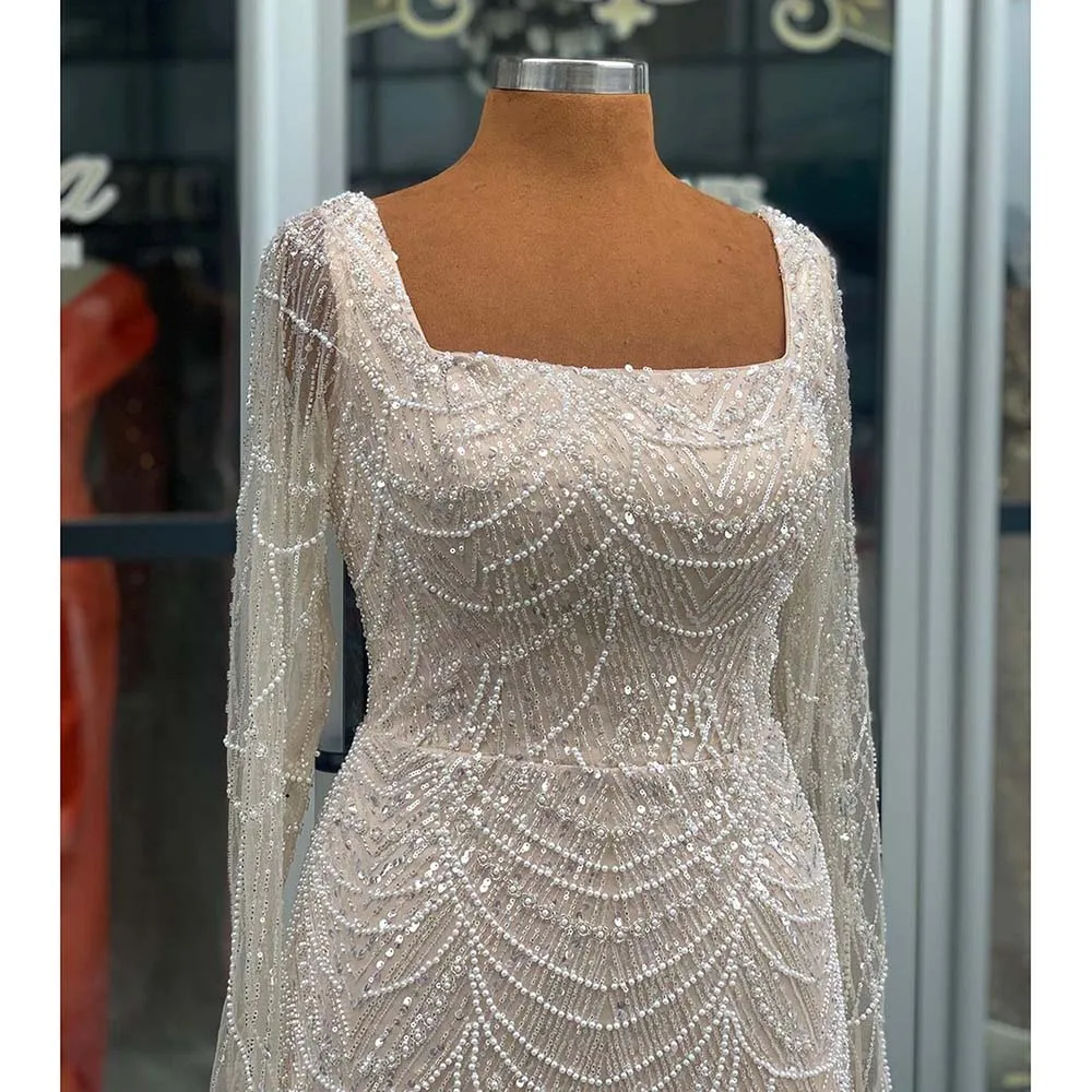 Elegant Mermaid Pearls Evening Dress for Women Dubai Arabic Long Sleeves Plus Size Formal Prom Wedding Party Gowns Customized