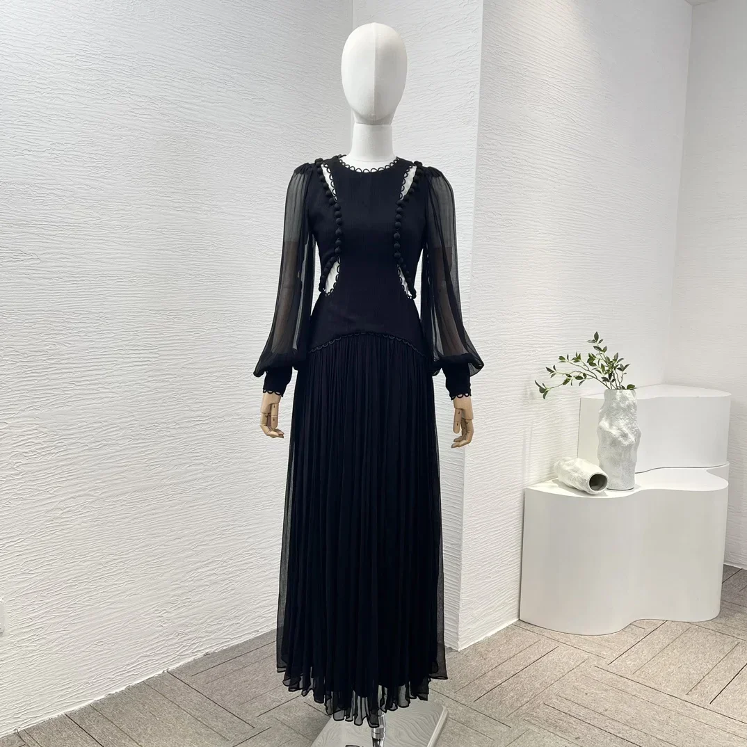 2024 New Summer Spring Elegant Black Cut Out Ruched Pleats Full Lantern Sleeve Women Midi Dress