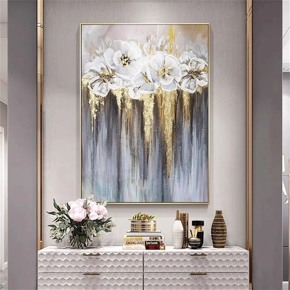 

Modern Hand-Painted Abstract Gold And White Flower Oil Painting Canvas Poster And Printmaking Mural Art Painting Home Decoration