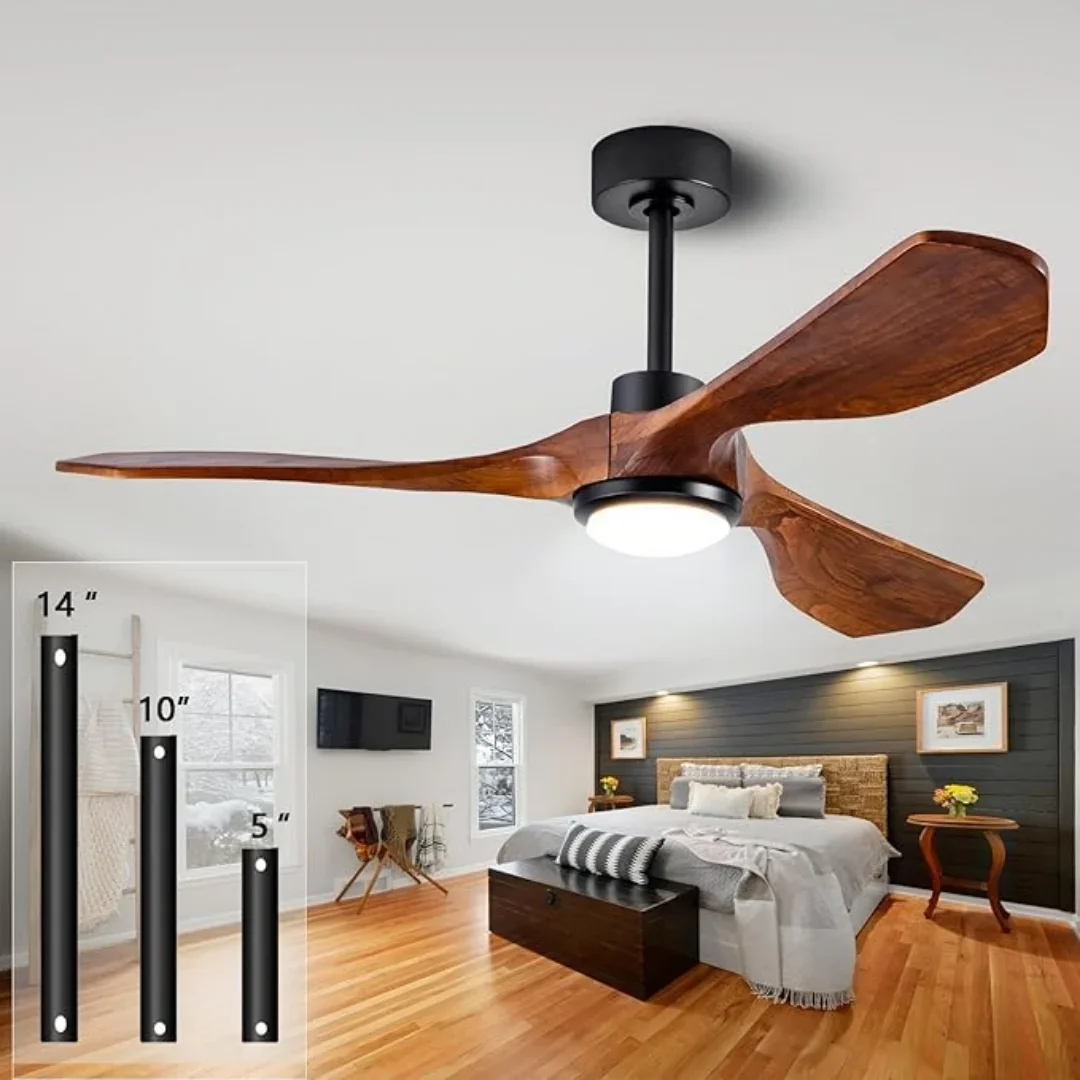 Modern 52Inch Wood Ceiling Fan Reversible DC Motor Ceiling Fan Light 6 Speed Big Wind White Black Remote Control Bedroom