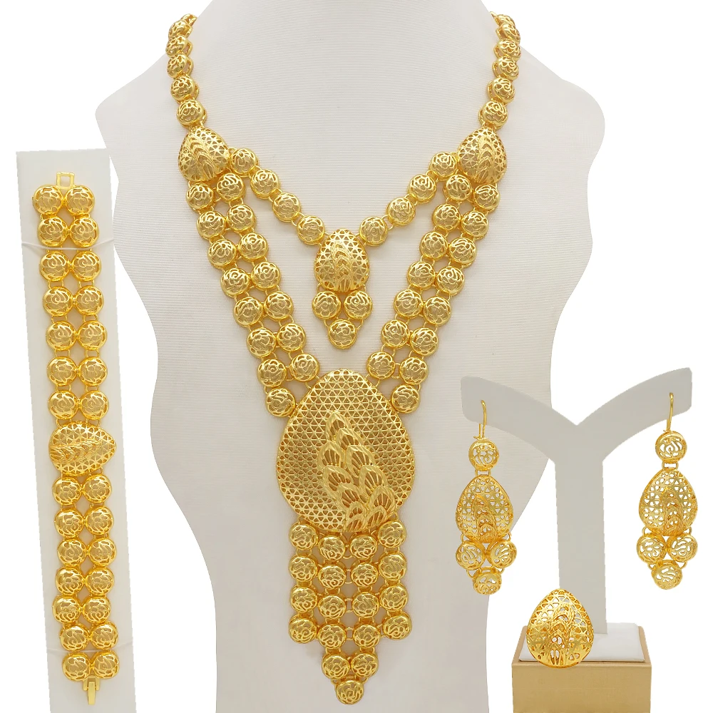 

African Dubai Women Big Jewelry Sets 24K Gold Plated Necklace Bracelet Earrings Ring