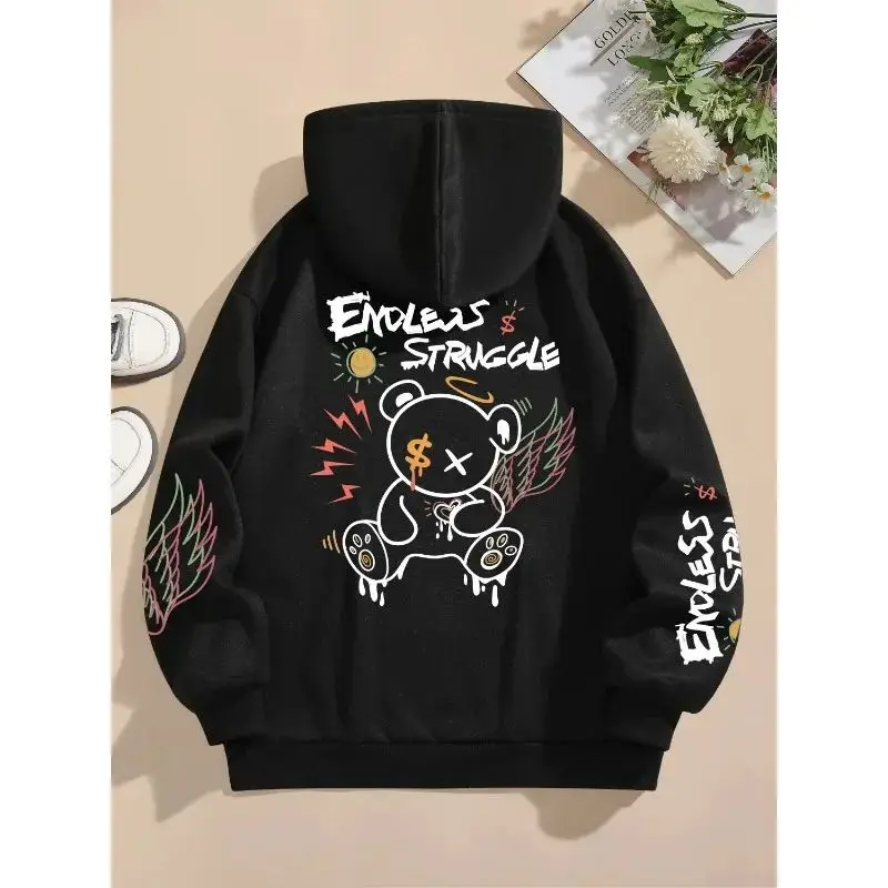 Street Women Sweatshirts Endless Struggle Graffiti Bear Printed Hoodies Crewneck Loose Pullover Fleece Warm Female Tops Clothes