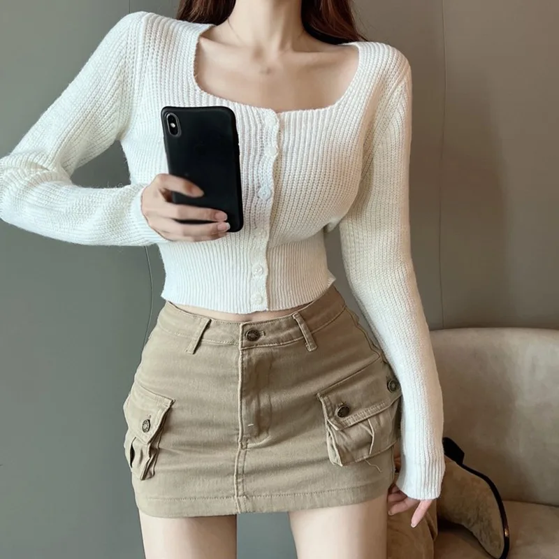 Korean Sweater Long Sleeve Short Top Ice Silk Cardigan Air Conditioning Shirt Solid Color Square Neck Knitted