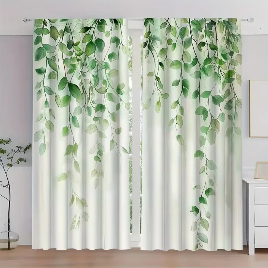 2 PCS Fresh Green Leaf Curtains, Natural Forest Style Window Drapes for Living Room Bedroom Home Decor Polyester Rod Pocket