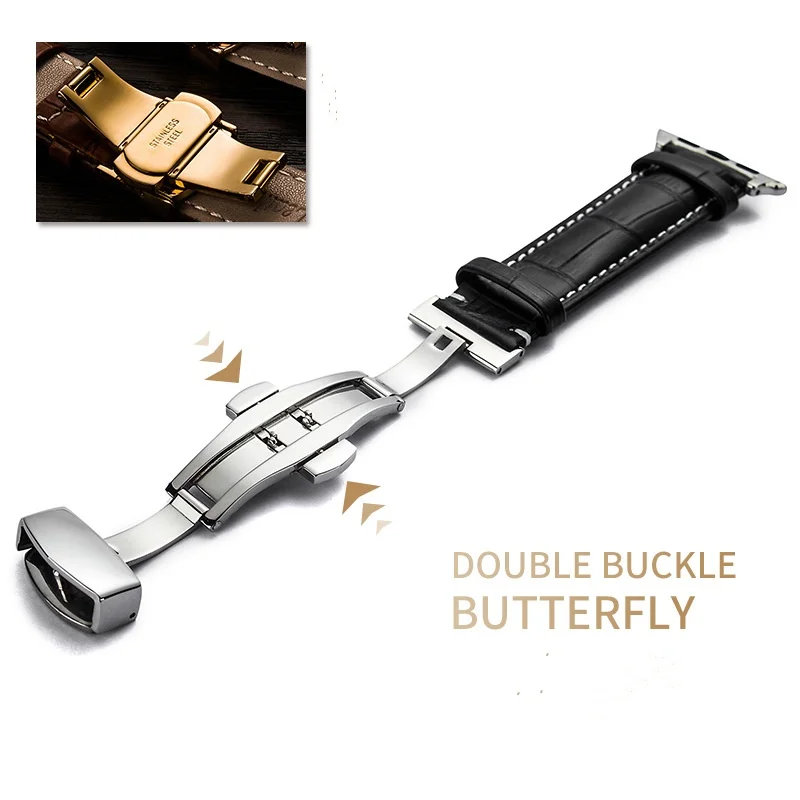 Butterfly Buckle Leather Strap for Apple Watch Ultra 2 Band S10 46mm 42mm 45mm 40mm 41mm 44mm for iWatch Series 9 8 7 6 SE 5 4 