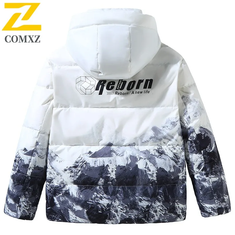 COMXZ 2025 Winter Couple Mountain Print Short Down Jacket Men's Loose Fit Korean Style Trendy Warm White Duck Feather Coat