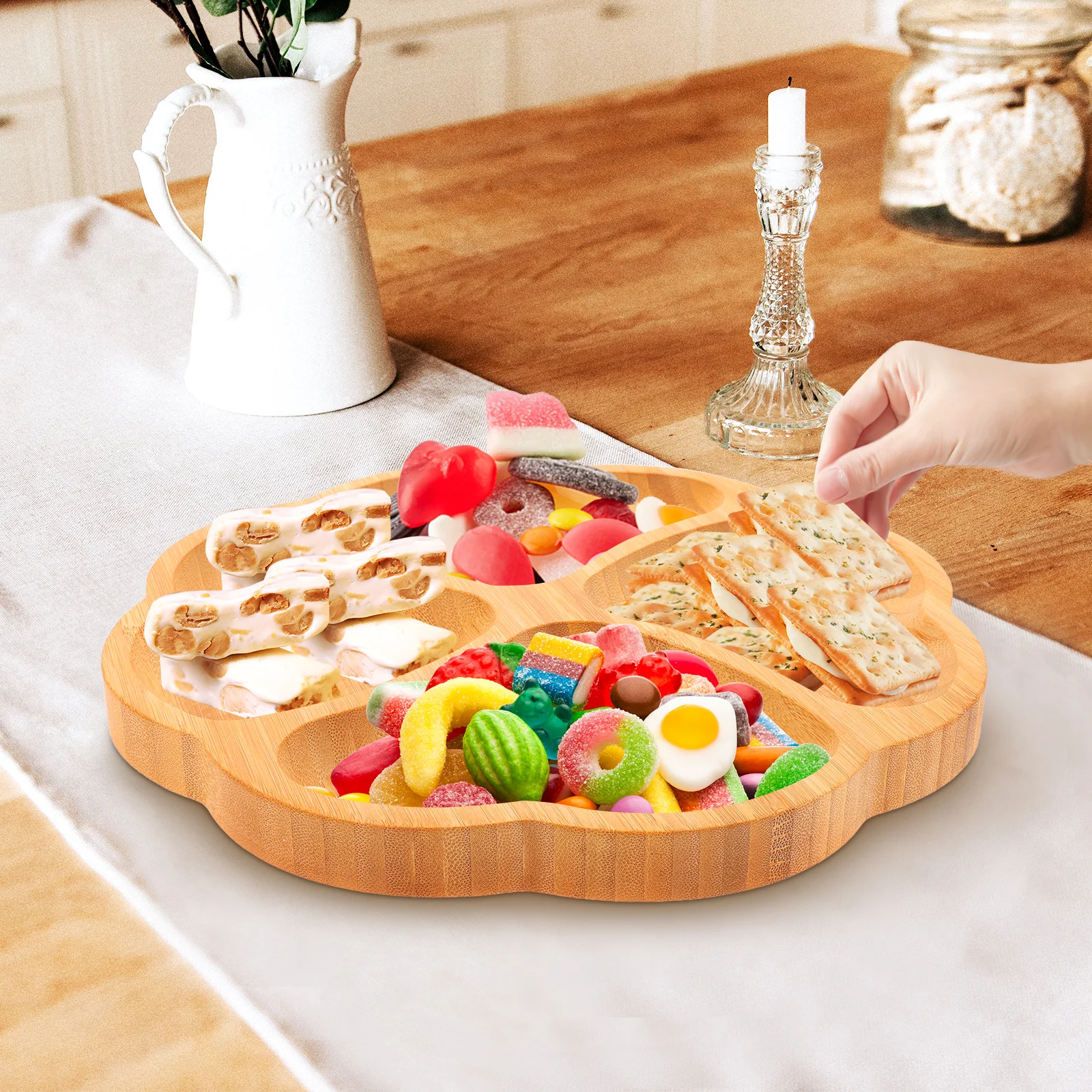 

Bamboo Multi Compartment Tray Lightweight Food Serving Decorative Fruit Snack Plate Holder Storage Kitchen