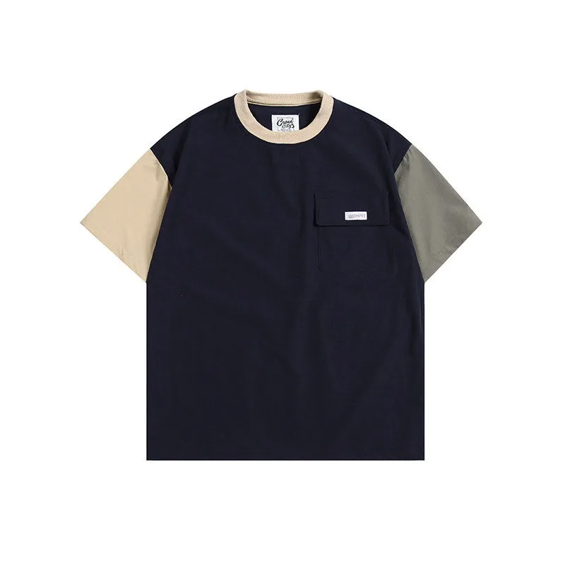 Japanese Retro Color Blocked Raglan Pocket Short Sleeved T-shirt for Men Trendy Round Neck Loose
