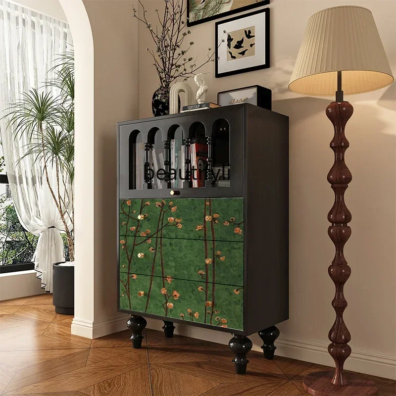 Q181  Medieval solid wood tipping bucket cabinet, bookcase next to the sofa in the living room, wall storage decorative cabinet