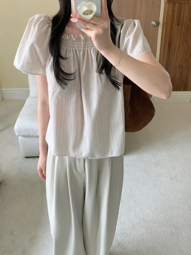 Loose Fit Lace Trim Bubble Sve irt Women's Collar Pleated Ear Look Top Trendy Sweet Youthful ort Sve Polyester