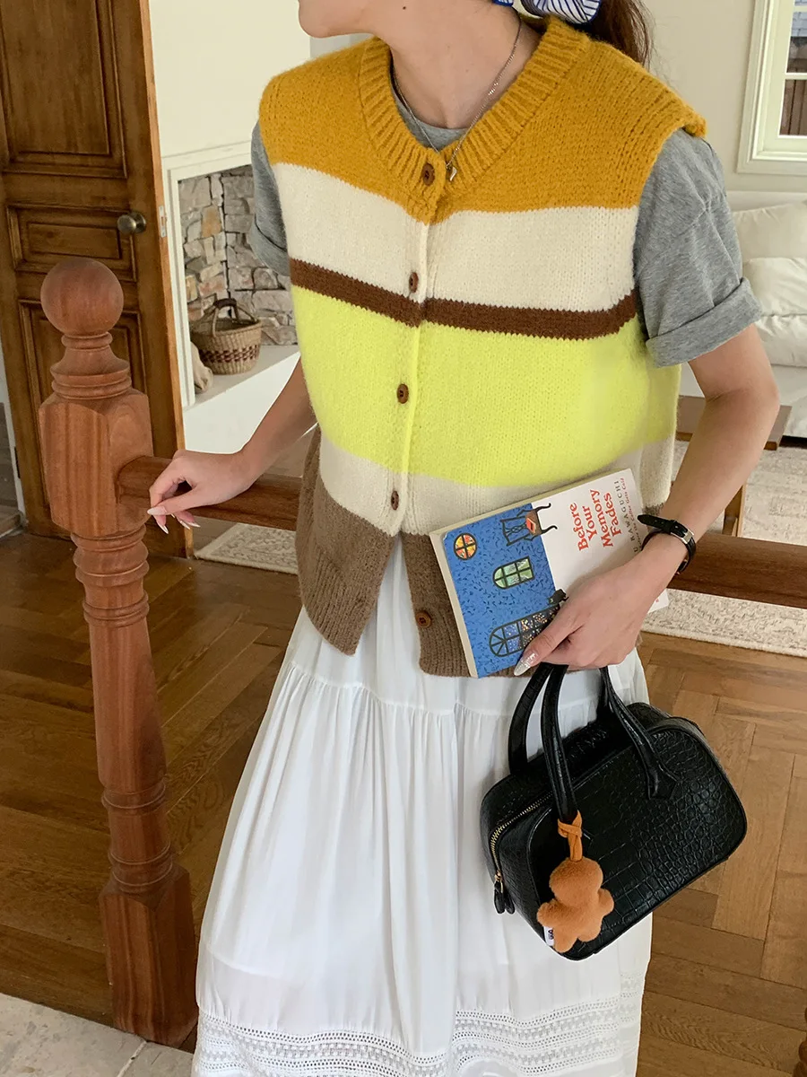 

Весенне-летний женский повседневный полосатый кардиган с круглым вырезом, вязаный жилет