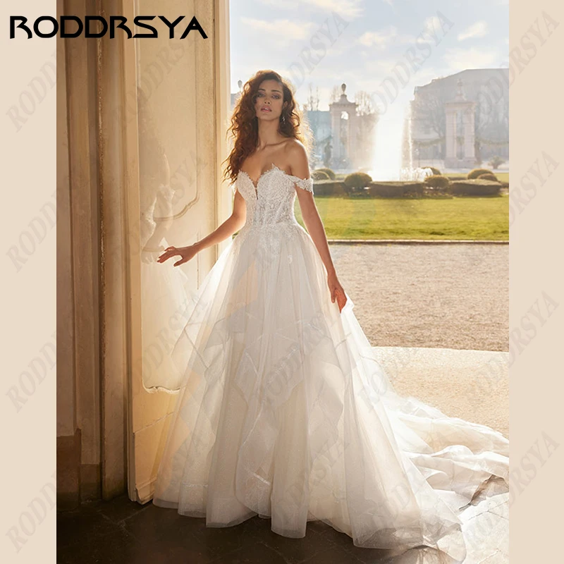 

RODDRSYA Sweetheart Off Shoulder Wedding Dress For Women A-Line Appliques Tulle Vestido De Noiva Lace Up Backless Bridal Gown