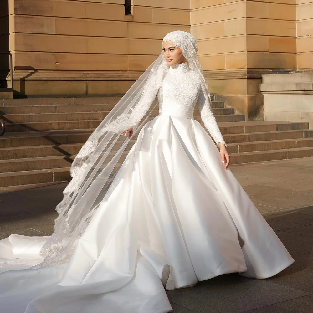 

Modest Muslim Wedding Dresses High Neck Long Sleeve Bride Dress Applique Islam Church Bridal Ball Gown Customized robe de mariée