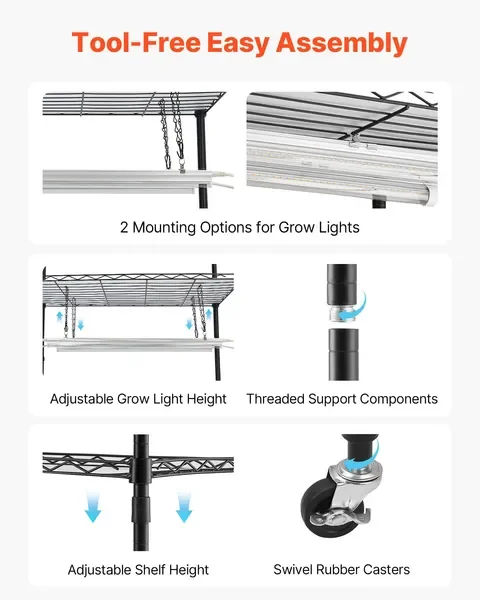 رف نباتي من 5 طبقات مع ضوء نمو كامل الطيف 80 وات T5 LED، بطول 71 بوصة، عجلات ومؤقت، رف عرض نباتات داخلية #6