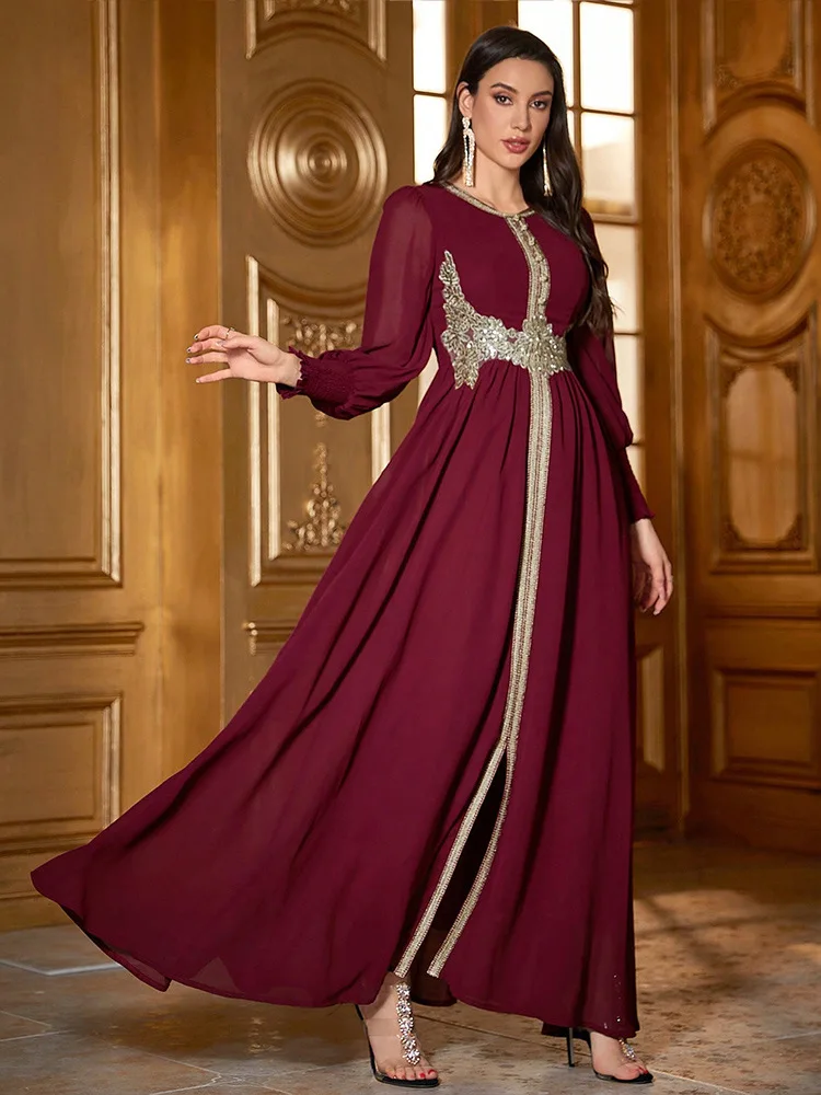 Eid Women Maxi Dress Dubai Appliques Evening Party Gown Split Hem Jalabiya Islamic Clothing Muslim Abaya Morocco Robe Vestidos