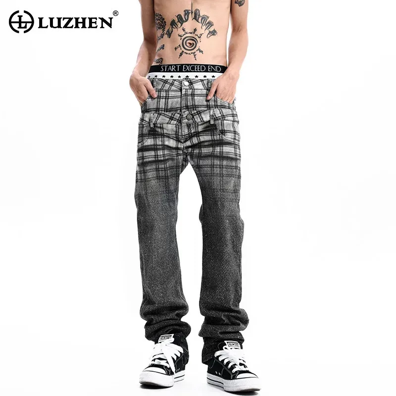 LUZHEN 2026 Trendy Plaid Printed Gradient Washed Slim Straight Tube Casual Jeans Men's Handsome Double Waist Denim Pants JY9088