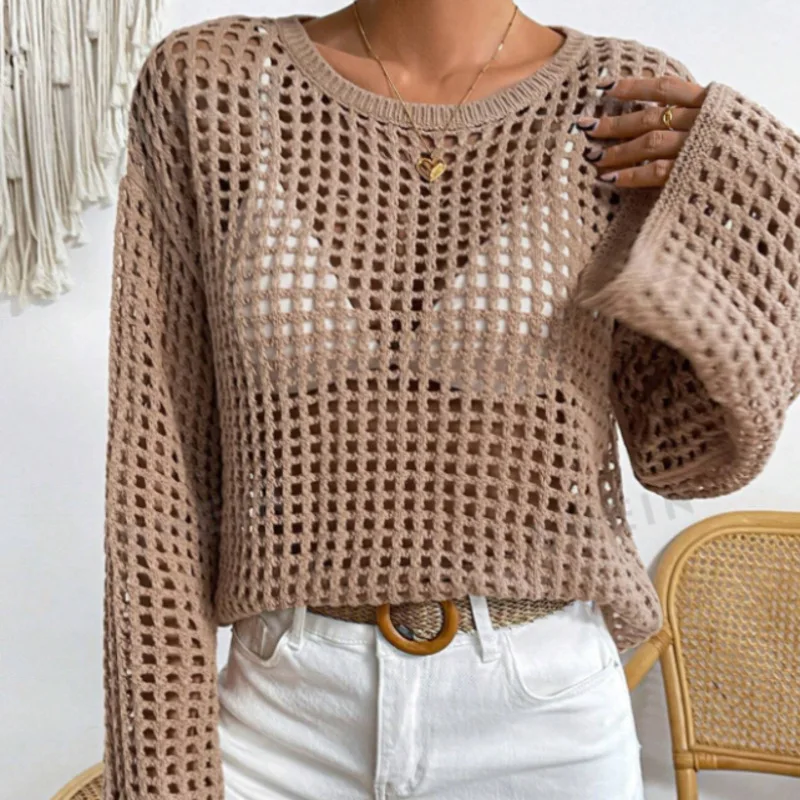 2024 New Women Y2k Knitted Shrugs Crop Tops Crochet Hollow Out Cutout Long Sleeve Bolero Sweater Smock Top Beach Cover Up Tee