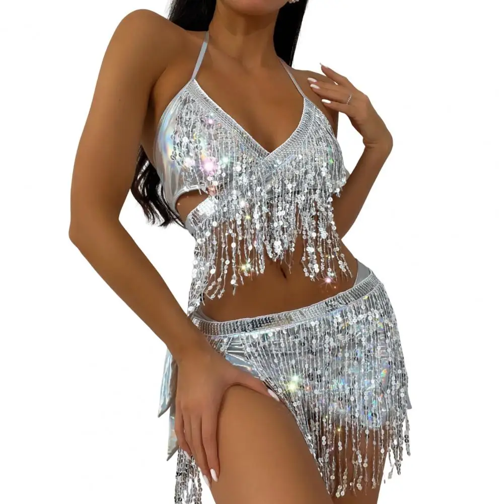 Sequined Fringe Bikini Set Sparkling Tassel Bikini Set with High Waist Sequins Wrap Skirt Sexy Three-piece Swimsuit for Women