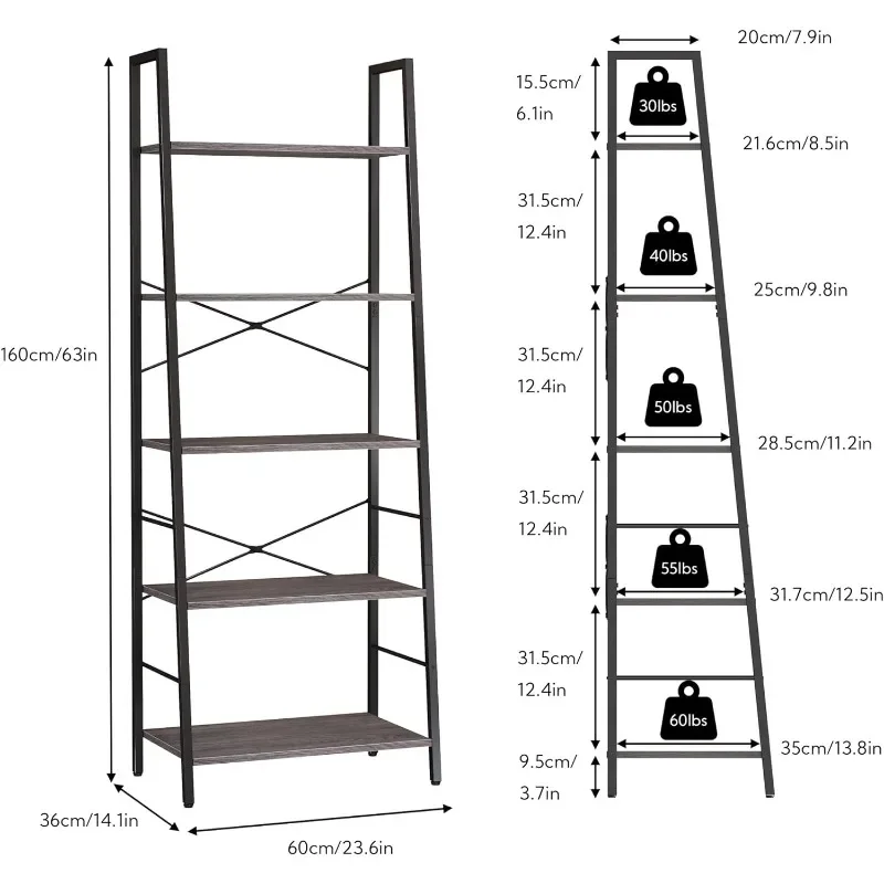 Ladder Shelf 5-Tier Bookcase for Bedroom Industrial Book Shelves Storage Rack with Metal Frame for Home Office