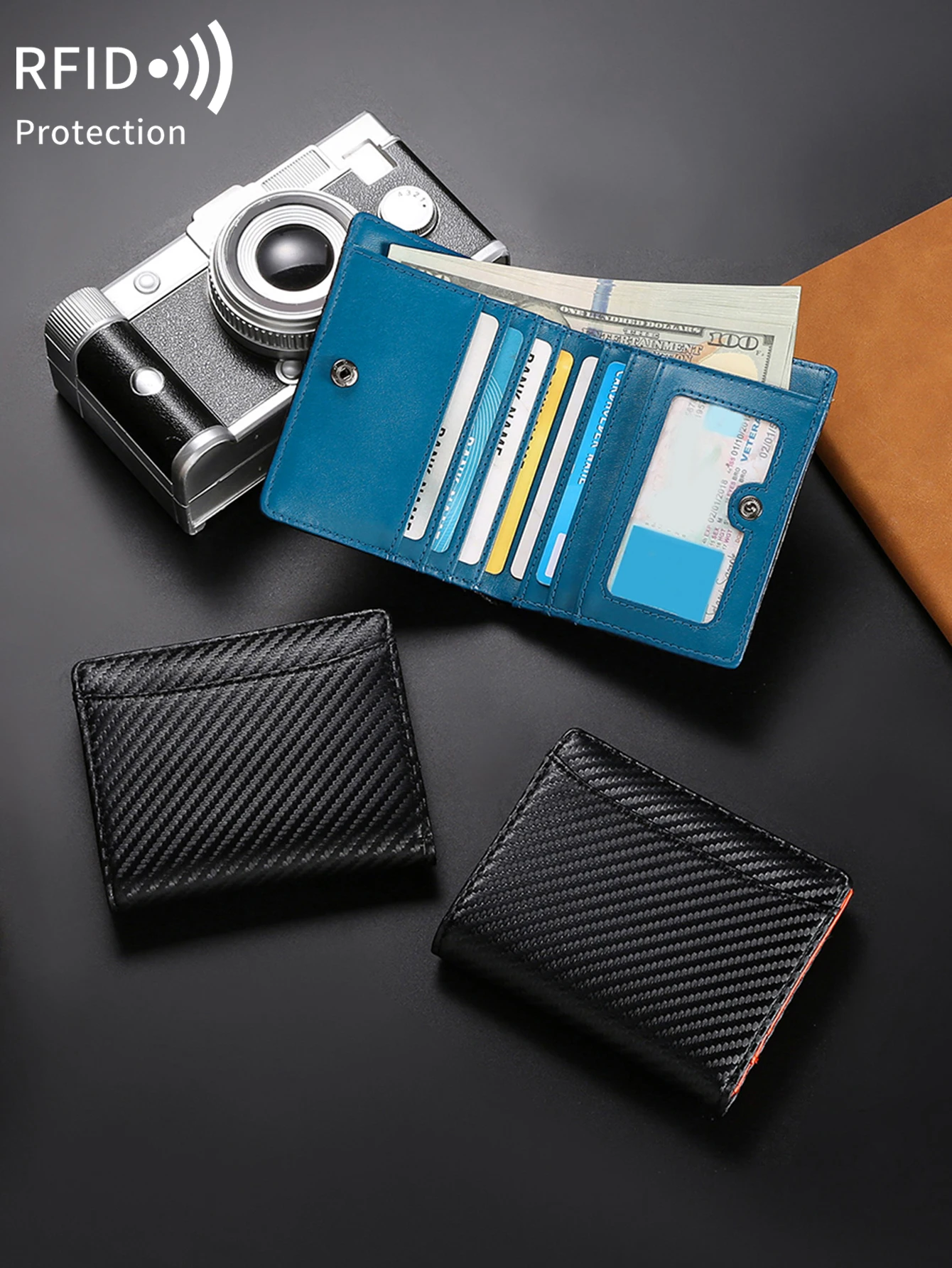 Men's Carbon Fiber Wallet PU Leather RFID Bifold Short Wallet Portable Zipper Coin Pocket Ultra-thin Large Capacity Card Holder