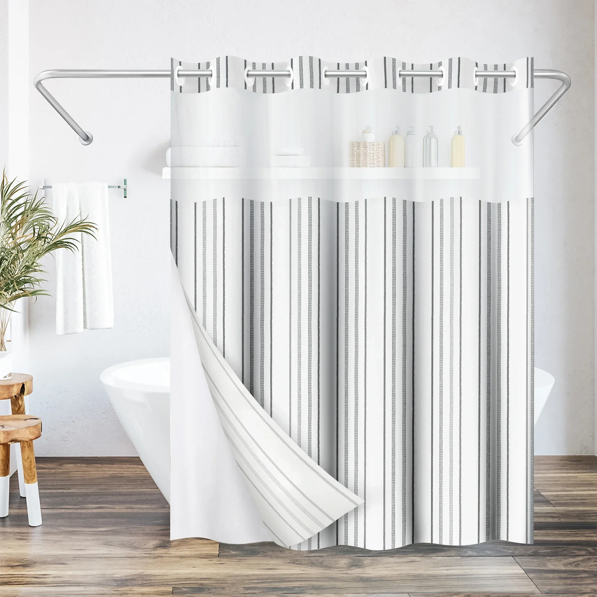 

72x75 Hookless Shower Curtain - Abstract Grey Lines Shower Curtain with Sheer Panel, Snap-In Liner, and Grommets - 100% Polyeste