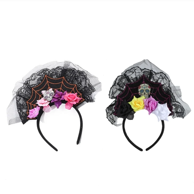 Y1UB Adult Kids Day of The Dead Spiderweb Headband Artificial Flower Skull Halloween Hair Hoop Lace Mesh Cosplay Headpiece