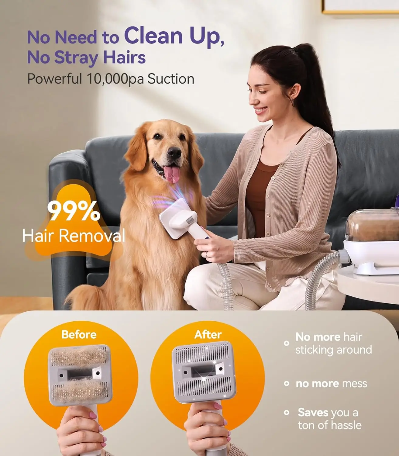 Dog Vacuum Brush for Shedding Grooming/Low Noise Pet Grooming Vacuum for Thick and Undercoat, 1.5L Dust Cup Dog Groomin