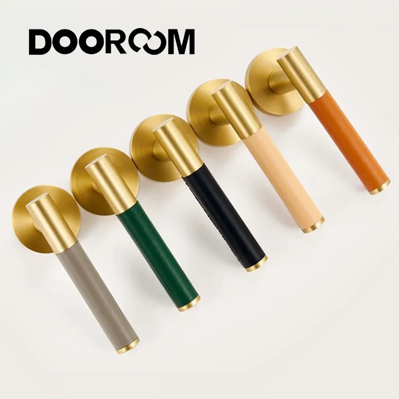 DOOROOM Brass Leather Door Lock Modern Design Interior Door Handle Double Opening Mother Door Lock Copper