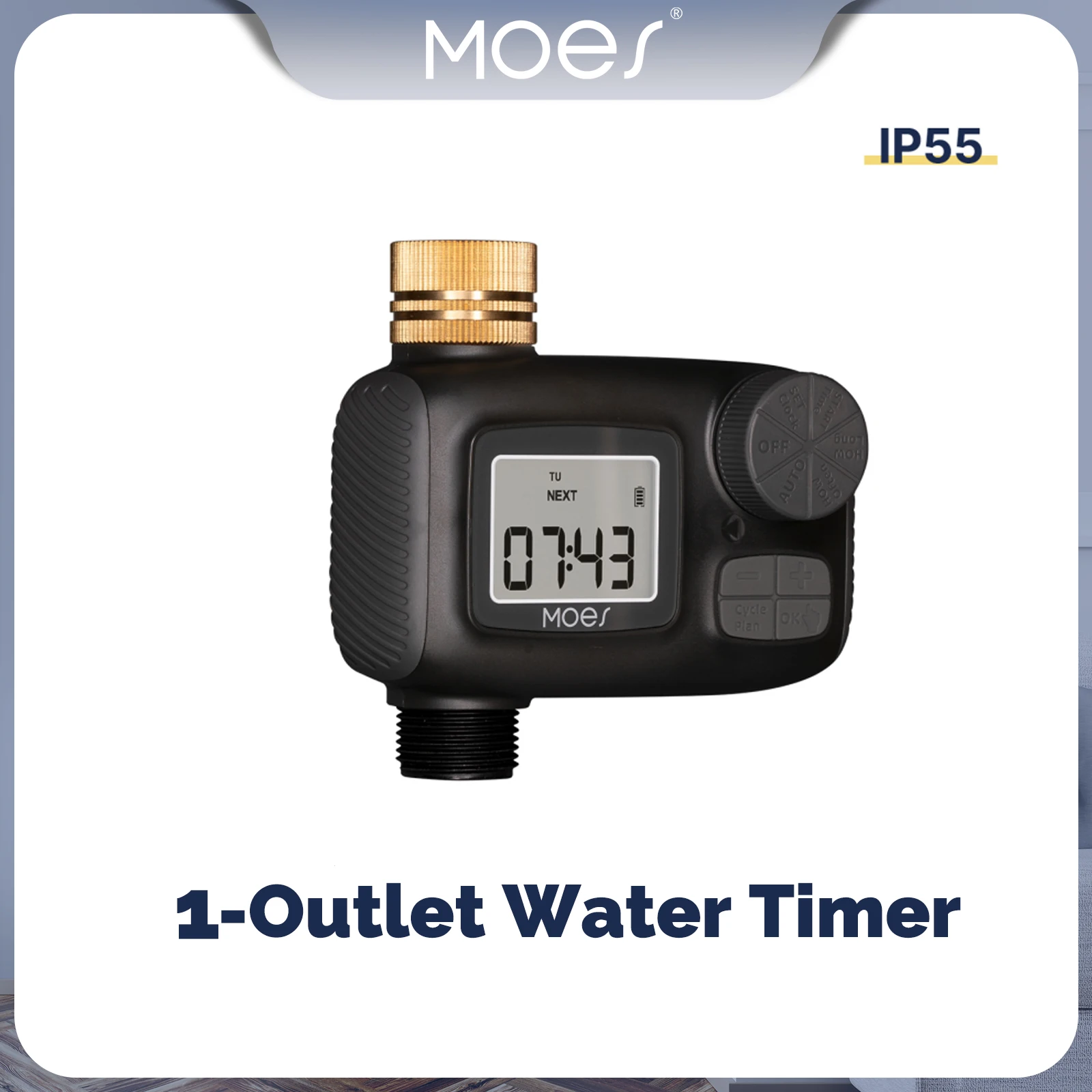 

MOES Water Timer 1-Outlet IP55 Waterproof Brass Inlet Rotary Knob Button Control With LCD Display Screen Rain Delay Child Lock