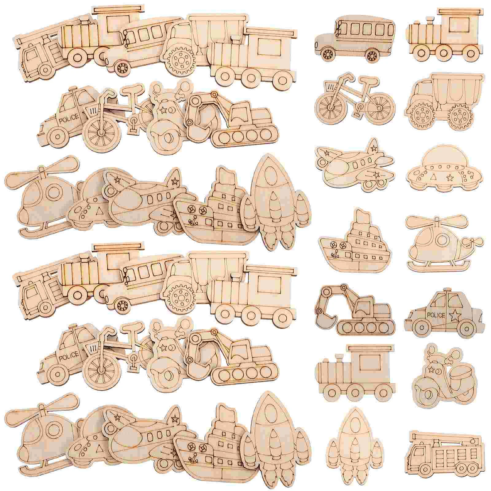 50 Pcs Blank Vehicle Shapes Aircraft Wood Chips Painting Crafts Excavator Wooden Cutouts Man