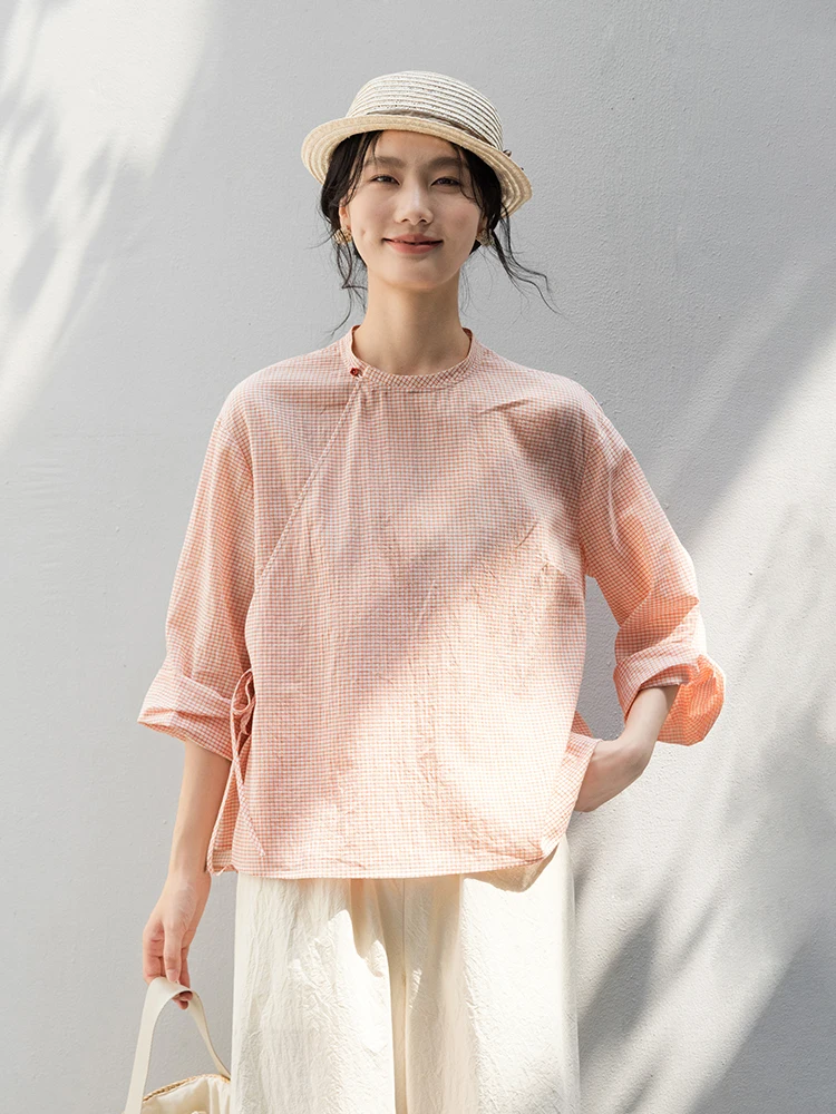 

New Le Collection 00% Cotton Summer New Chinese Sle Long Sve Sun Protection irt Orange Red White Plaid Loose Fit Wo...