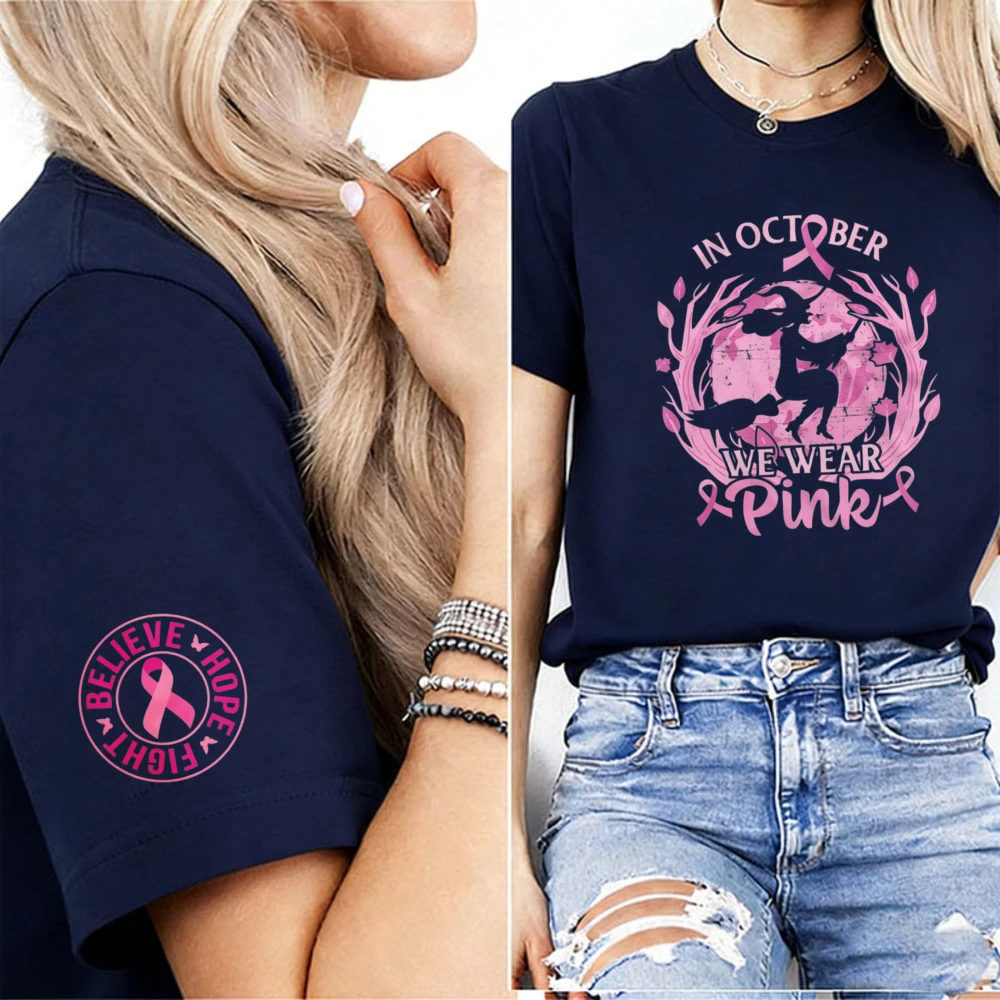 In October We Wear Pink Western Cowgirl Print Believe Hope Fight Circular Cuff Graphic Breast Cancer Awareness Ladies Tee Tops