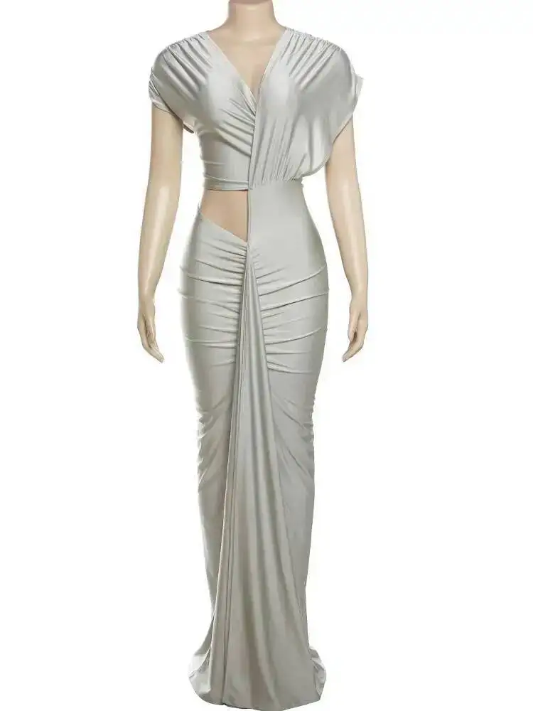 Sukienka z nieregularnymi wycięciami, marszczona, z asymetrycznym dekoltem, krótkie rękawy, bez talii, rozcięcia, styl uliczny, elegancka, długa, obcisła 0V01