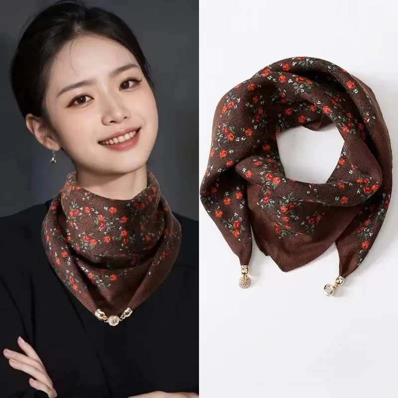 

Luxury Magnetic Buckle Print Silk Scarf for Women Autumn and Winter New Fashion Soft Satin Neckerchief High-end Neck Scarf