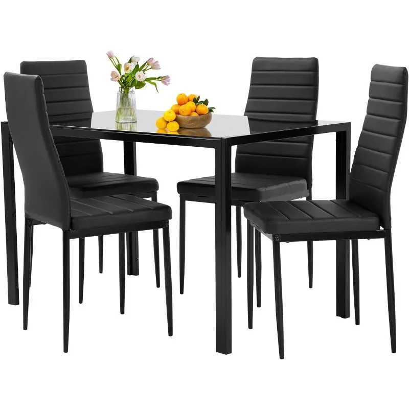

5-Piece Dining Table Set, Black Glass Kitchen Table With 4 Upholstered Chairs And Faux Leather Cushions, Space-Saving