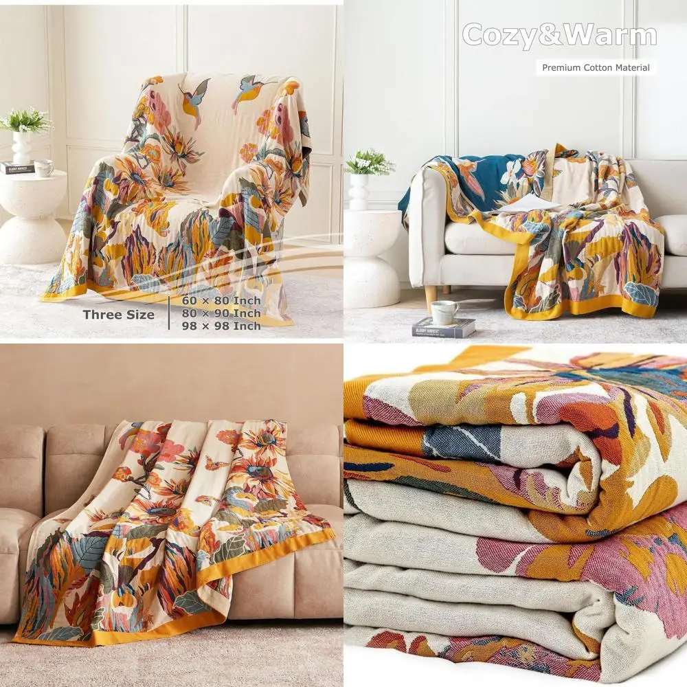 

Хлопковое богемное одеяло, цветочный принт, 90x98, осенний декор в деревенском стиле, всесезонный плед для дивана