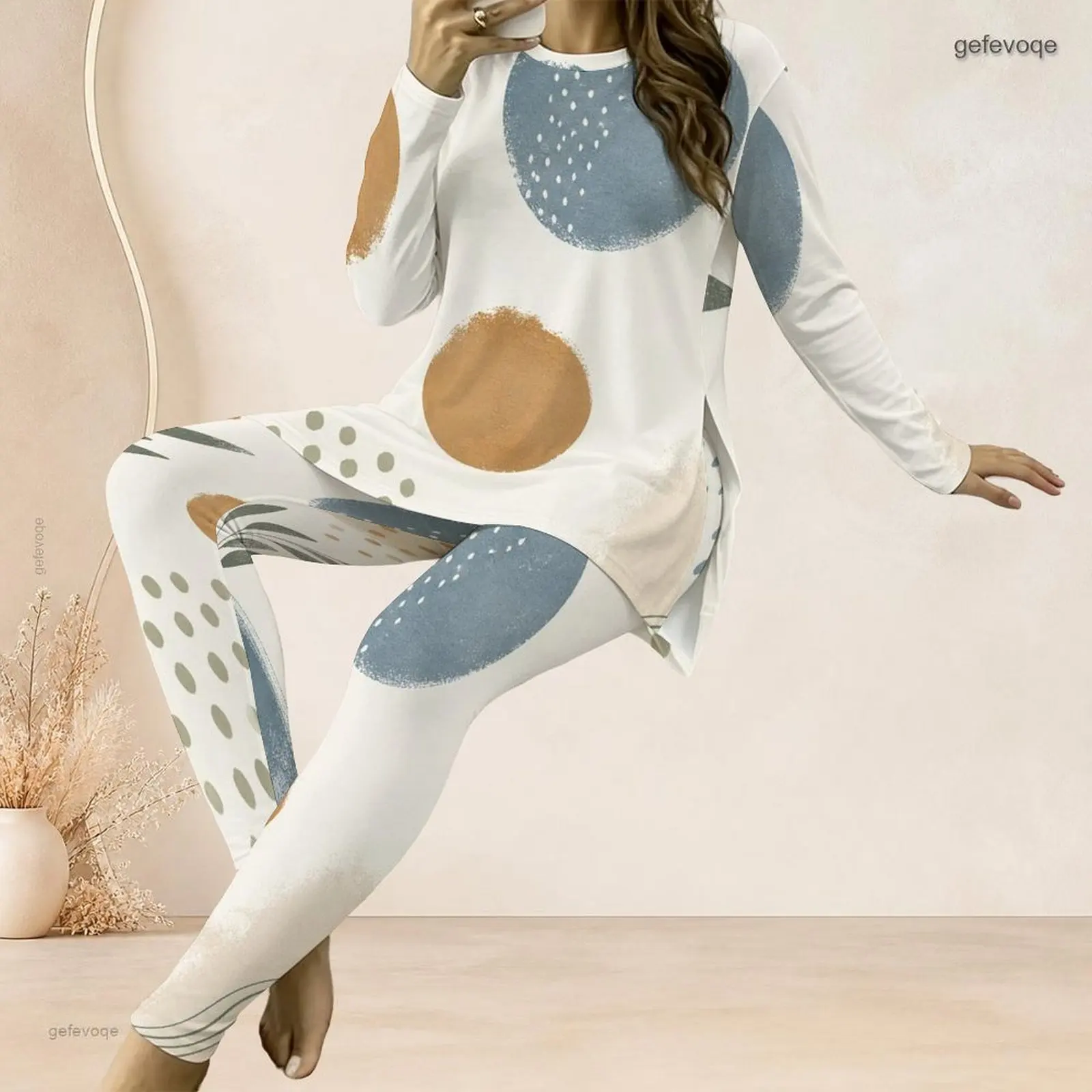 Women Abstract Dot Printed Round Neck Long Sleeve Longline Top and Fitted Leggings Two Piece Set